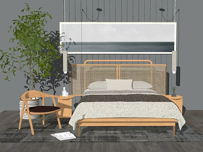 Wooden Double Bed With Seascape Painting Hanging Lights And Green Plant Decor 3d model