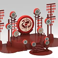 Traditional Chinese Stage With Red Decor Round Drum Dragon Phoenix Patterns And Lanterns