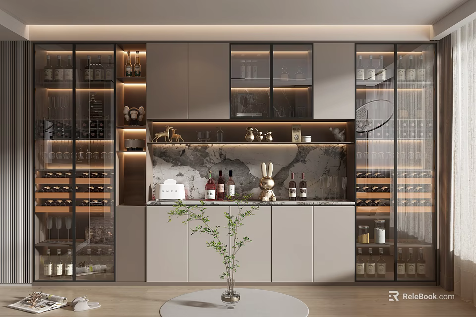 Modern Wine Cabinet Design With Glass Doors LED Lighting And Marble Countertop 3d model 