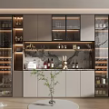 Modern Wine Cabinet Design With Glass Doors LED Lighting And Marble Countertop