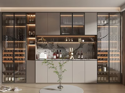 Modern Wine Cabinet Design With Glass Doors LED Lighting And Marble Countertop 3d model