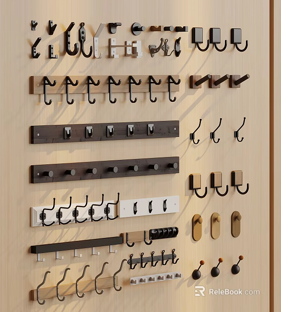 Various Wall Mounted Hooks With Different Designs On Wooden Display Board 3d model