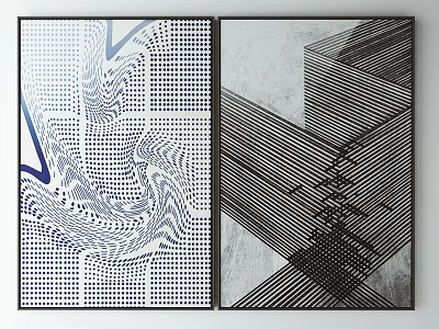 Two Abstract Wall Art With Geometric Patterns Blue White Black Lines For Modern Decor 3d model