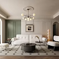 Modern Living Room Interior With White Sofa Round Chandelier Green Cabinet Doors Decorative Painting And Geometric Rug