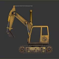 Yellow Tracked Excavator With Cab And Mechanical Arm On Dark Background