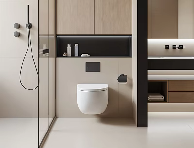 Modern Bathroom Interior Design With Wall Hung Toilet Glass Shower And Wooden Cabinets 3d model