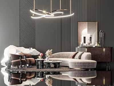 Elegant Modern Velvet Sofa And Marble Coffee Table Set With Chandelier Mirror And Area Rug 3d model