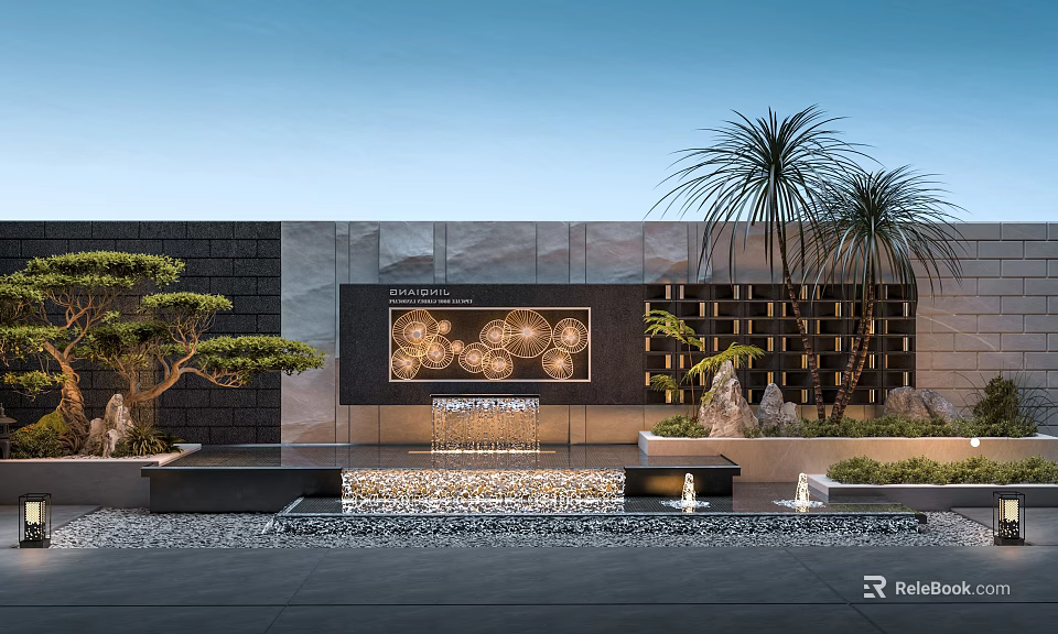 Modern Garden Landscape With Stone Wall Fountain Pine Palm Trees And Lighting 3d model 