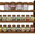 Spice Jars Arranged on Wooden Rack with Multiple Shelves and Labeled Containers