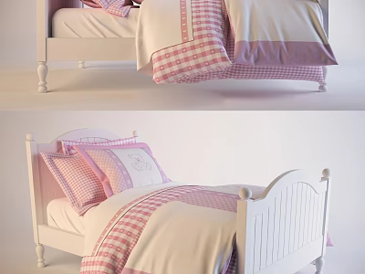 Single Bed with White Frame and Pink White Checkered Bedding Including Pillows and Quilt 3d model