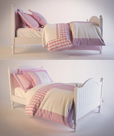 Single Bed with White Frame and Pink White Checkered Bedding Including Pillows and Quilt 3d model