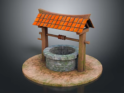 Traditional Ancient Well Structure With Stone Platform Wooden Frame And Orange Tile Roof 3d model