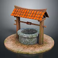 Traditional Ancient Well Structure With Stone Platform Wooden Frame And Orange Tile Roof
