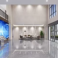 Modern Spacious Office Reception Lobby With Large Digital Screen And Elegant Marble Interior Design