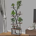 Multi Tiered Indoor Flower Stand with Green Plants and Decorative Accents in Living Room