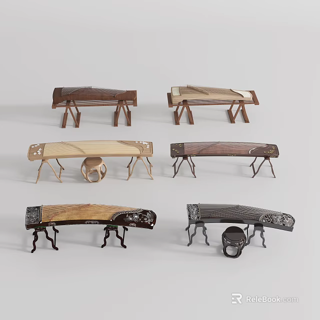 Traditional Chinese Guqin Musical Instruments With Various Wooden Styles And Carved Designs 3d model 
