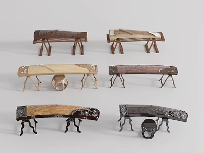 Traditional Chinese Guqin Musical Instruments With Various Wooden Styles And Carved Designs 3d model