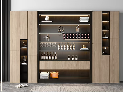 Modern Wooden Wine Cabinet With Multiple Shelves For Wine Bottles And Glasses 3d model