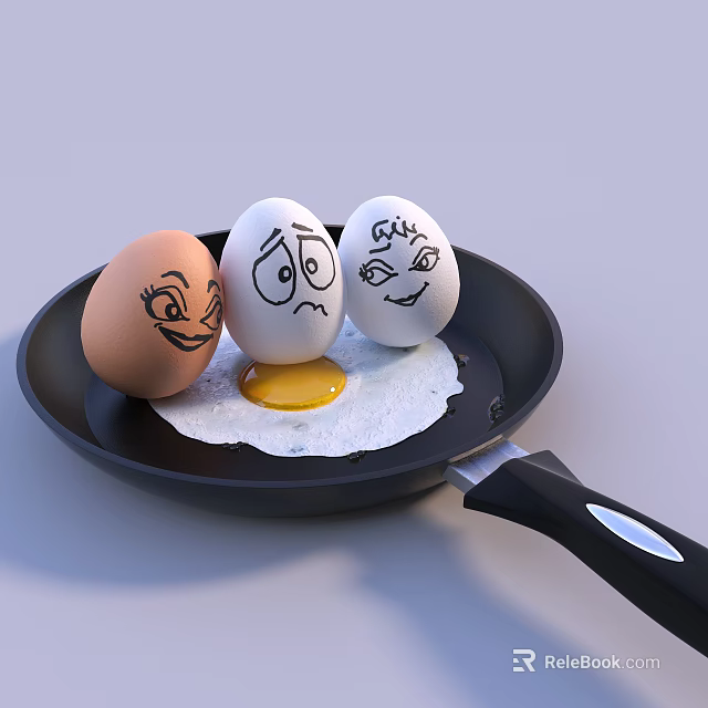 Fried Eggs with Different Funny Faces in Frying Pan and Broken Yolk 3d model 