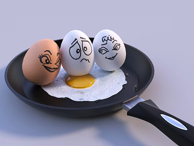 Fried Eggs with Different Funny Faces in Frying Pan and Broken Yolk 3d model