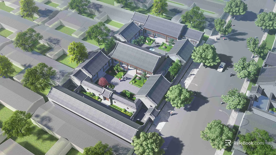 Ancient Chinese Architecture With Traditional Roof Courtyard And Surrounding Green Trees 3d model 