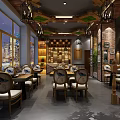 Elegant Rustic Restaurant Interior With Wooden Ceiling Chandeliers Dining Tables Staircase And Brick Walls