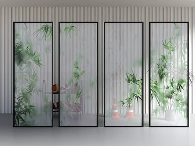 Modern Room Divider With Bamboo Leaf Pattern Glass Panels For Interior Decor 3d model