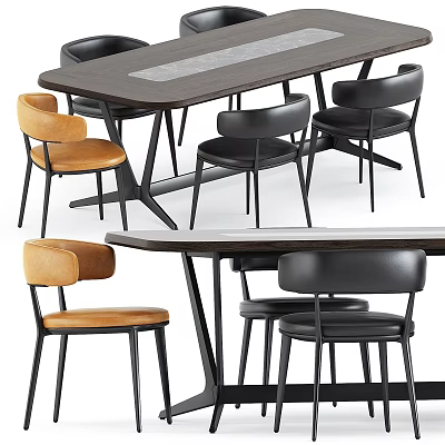 Modern Dining Table And Chair Set With Black Orange Seats And Metal Legs 3d model