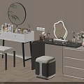 Modern Dressing Table with Round Mirror Cosmetics Stool Storage Drawers and White Flowers 3d model