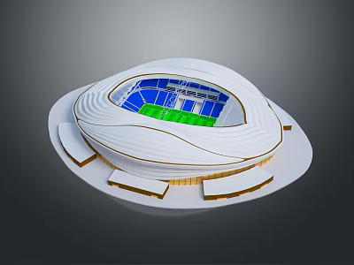 Architectural View Of Modern Football Stadium With White Exterior Green Pitch And Blue Seats 3d model