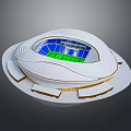 Architectural View Of Modern Football Stadium With White Exterior Green Pitch And Blue Seats