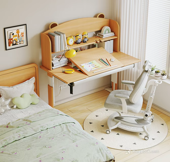 Wooden Kids Desk With Bookshelf Stationery And Comfortable Chair In Children's Room 3d model 