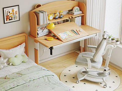 Wooden Kids Desk With Bookshelf Stationery And Comfortable Chair In Children's Room 3d model