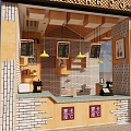 Cozy Cafe Restaurant With Wooden Tables Chairs Yellow Pendant Lights Brick Wall And Drink Posters