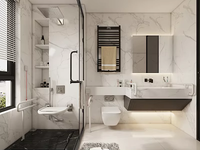 Modern Bathroom Interior With Marble Walls Glass Shower Wall Mounted Vanity And Wall Hung Toilet 3d model