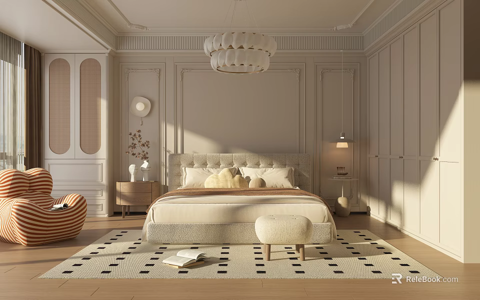 Modern Bedroom Interior With Wainscoting Soft Headboard Pendant Light Checkered Rug And Accent Chair 3d model 