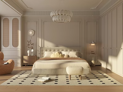 Modern Bedroom Interior With Wainscoting Soft Headboard Pendant Light Checkered Rug And Accent Chair 3d model