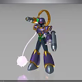 Purple Armored Robot Character Holding Blaster With Orange Cables And Glowing Pink Sphere Creature