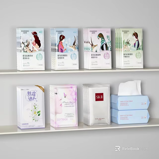 Elegant Perfume Cosmetics Packaging Boxes On Shelf With Colorful Designs And Illustrations 3d model 
