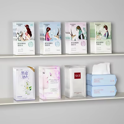 Elegant Perfume Cosmetics Packaging Boxes On Shelf With Colorful Designs And Illustrations 3d model