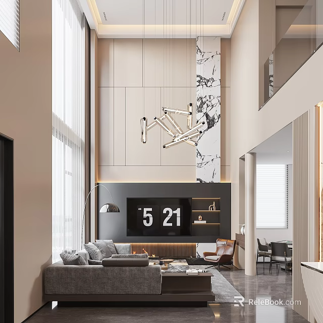 Modern Luxury High Ceiling Living And Dining Room With Marble Accents And Cozy Furnishings 3d model 