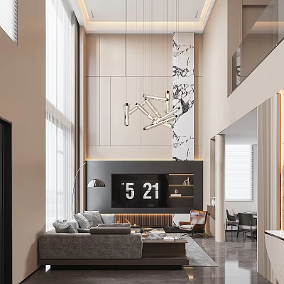Modern Luxury High Ceiling Living And Dining Room With Marble Accents And Cozy Furnishings 3d model