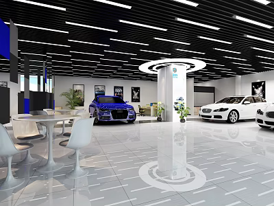 Luxury Car Showroom Interior Design With Modern Cars Circular Island Lighting And Green Plants 3d model