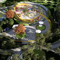 Scenic Kids Play Area Surrounded By Green Trees And Water With Colorful Circular Structures