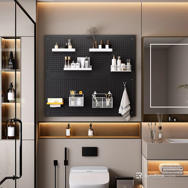 Modern Bathroom Set With Black Perforated Panel Toiletries Storage Towel Holder And Mirror 3d model 