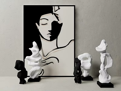 Abstract Painting Featuring Female Profile With Minimalist Lines And Black White Abstract Sculptures 3d model