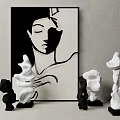 Abstract Painting Featuring Female Profile With Minimalist Lines And Black White Abstract Sculptures