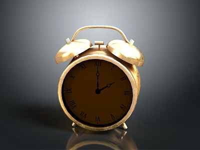 Golden Alarm Clock With Roman Numerals Dual Bells On Dark Background And Reflection 3d model