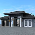 Traditional Chinese Entrance Gate with Sloped Black Tile Roof Circular Decorative Panel and Symmetric Doorways