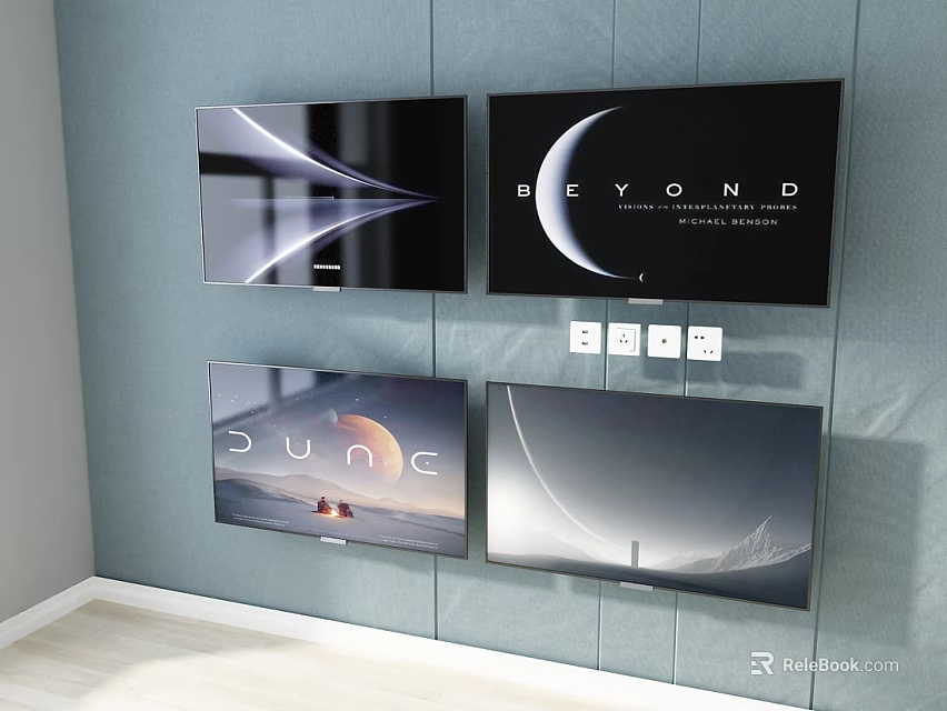 Four Televisions Mounted on Gray Wall with Various Displays Including Beyond and Dune 3d model 